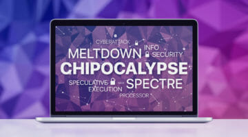 Meltdown and spectre threat concept on laptop screen on ultraviolet polygonal background